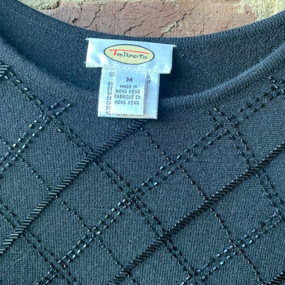 Talbots Medium Black Beaded 100% Merino Wool Blouse Knit Top Short Sleeve - Picture 2 of 3